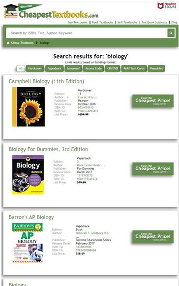 CheapestTextbooks.com Search Page